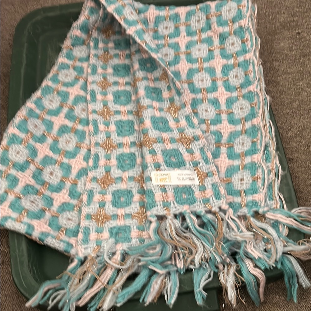 Woven Fringe Scarf - Blue, Pink, and Gold